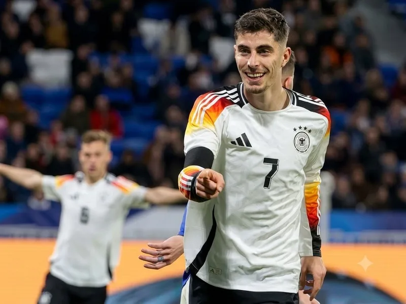 Kai Havertz trong màu áo tuyển Đức, cầu thủ đa năng có thể đảm nhiệm nhiều vai trò từ tiền vệ công đến trung phong.