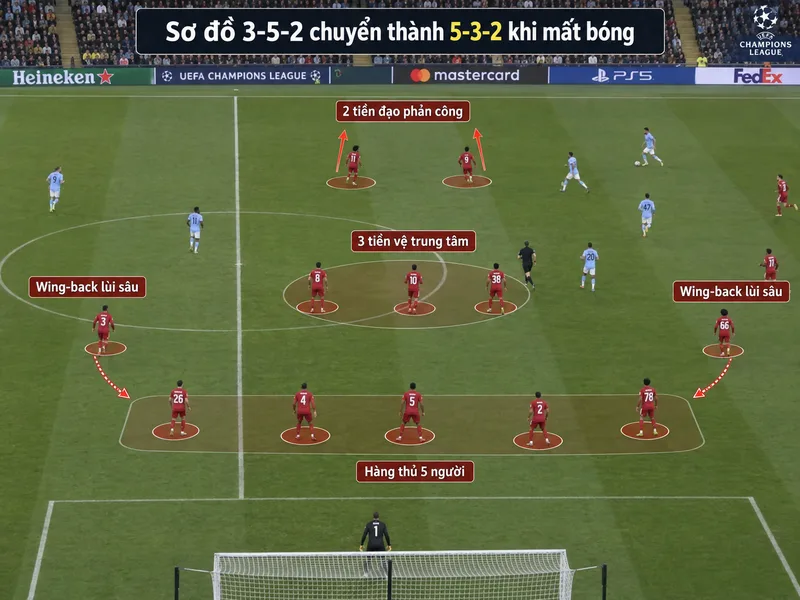 Khi mất bóng, sơ đồ 3 5 2 có thể chuyển thành 5-3-2 với hai wing-back lùi sâu hỗ trợ phòng ngự.
